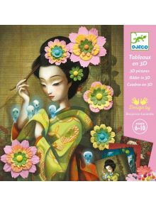 Стилизирана илюстрация на гейша в зелено кимоно с 3D текстилни цветя и сини духове. Кутията е "Творчески комплект Djeco - Картини Rock'n Roses с текстилни цветя", за възраст 6-10, от Benjamin Lacombe.