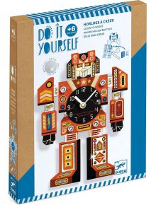 Творчески комплект Djeco - Направи си сам часовник робот за 6+, в синьо-бяла опаковка с илюстриран робот и истински стенен часовник в гърдите на кутията.