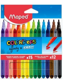 Творчески комплект Maped Color Peps Infinity x Ocean с 15 молива и 12 флумастера в различни цветове, подредени в редове в кутия. Предлага се в книжарница Orange.