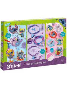 Цветна кутия за Творчески комплект Totum Stitch 3 в 1, с участието на Stitch и Angel. Включва диамантени декорации, изработване на гривни и фигурки за рисуване и правене. Идеална за деца на възраст над 5 години.