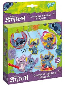 Творчески комплект Totum Stitch - Диамантени магнити Стич: съдържа 5 ярки магнита Stitch, мъниста и инструмент за декорация. Кутията е украсена със Стич в зелено и лилаво. За деца 5+.