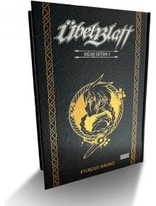 Ubel Blatt Deluxe Edition, Vol. 1 е книга с твърди корици от Etorouji Shiono, със златна илюстрация на мечоносец с бодлива коса и черен меч върху текстурирана черна корица - идеална за феновете на епичното фентъзи.