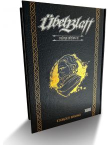 Предната корица на Ubel Blatt Deluxe Edition, Vol. 2 е със златна рисунка на профил на брадат мъж върху текстурирано черно, с богато украсени златни рамки и стилизирано заглавие - епична фентъзи сага за отмъщението и Ордена на седемте копия.