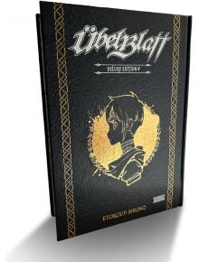 Ubel Blatt Deluxe Edition, Vol. 5 е книга с твърди корици от Etorouji Shiono със златно релефна профилна илюстрация на предателското копие Ascheriit върху черна текстурирана корица с декоративни златни рамки.