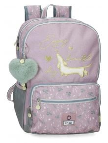 Enso Beautiful Day ученическа раница е в пастелни розови и сиви тонове, с щампа на дакел, златен текст "Enjoy a beautiful day", флорални мотиви и ментовозелен ключодържател със сърце на ципа.