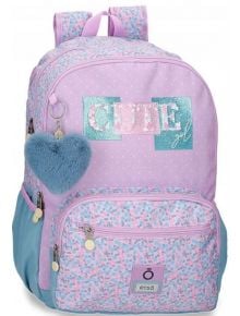 Ученическа раница Enso Cute Girl с две отделения е пастелна лилаво-синя раница със син ключодържател във формата на сърце, блестящ текст CUTE girl на предния джоб и шарка от малки точки и сини цветя.