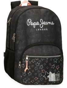 Черна ученическа раница Pepe Jeans Cintia с две отделения, 44 см, с голям преден джоб с цветни звезди и щампа на малко куче, мрежест страничен джоб и сребърни ципове.