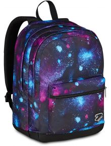 Ученическа раница Seven Pro XXL Angel Blue има ярък модел на галактика в синьо, лилаво и розово, преден джоб с цип и черни регулируеми презрамки - идеална за ученическа раница.