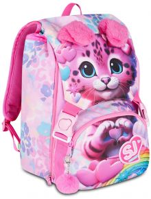 Ученическата раница „Seven SJ Gang Extensible Heart Buddy“ е розова детска раница с симпатично анимационно лице на леопард, сини очи, пухкави розови уши, мотиви със сърца и лапи, пастелни цветове, преден джоб и дръжки на ципа с помпони.