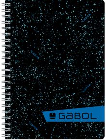 Ученическа тетрадка Gabol A4 със спирала, 100 карирани листа, черна корица със сини пръски и с лого на GABOL върху син диагонал в долния десен ъгъл.
