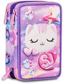 Ученически несесер Seven Glowcat 3D с три отделения - цветен дизайн с анимирана котка със затворени очи, розови сърца, стъпки и звезда на лилаво-розов фон. Разполагам с няколко ципа и отделения.