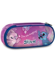 Лилаво-розов ученически несесер „Seven Lilo & Stitch“ с отделения, с изображения на Ангел и Стич, флорални мотиви, надпис „You are magical“ отпред, затваряне с цип и синя кант.