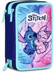 Seven ученически несесера Lilo & Stitch със сини ципове, с участието на Stitch и Angel на цветен фон с шарки на пера и логото на Disney Stitch отгоре - на разположение в книжарница Orange.