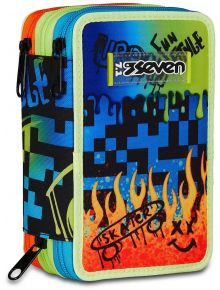 Пъстър правоъгълен моливник Seven Scribbled Flame с дизайн в стил графити, със сини и жълти пикселни шарки, оранжеви пламъци и рисунки. Предлага се в книжарницата Оранжев с множество секции с ципове и етикет Seven отпред.
