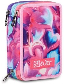 Ученическият несесер Seven Sjever Pinkbeat разполага с три отделения, цветна рисунка на сърце в розово, лилаво и синьо, двойни ципове и етикет SJ ever отпред.