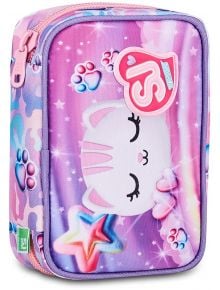 The Seven Speedcase Glowcat ученически несесер, пълен, е правоъгълен, в пастелни тонове с коте, лапички и звезди на розово-лилав фон, цип и сърцевиден лого - идеален за ученически аксесоари.