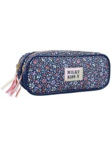 Правоъгълен несесер Vadobag Milky Kiss с тъмносин фон, покрит с цветна флорална шарка, две отделения с цип и лепенка с надпис MILKY KISS X отпред - предлага се в книжарница Orange.