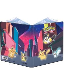 Папка за съхранение на карти Ultra Pro - Shimmering Skyline, 4 Pocket Portfolio с цветна илюстрация на градски пейзаж със залез и герои като Pikachu, Dedenne, Emolga, Pachirisu и Morpeko-идеално за Pokemon карти.