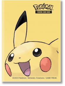 Протектори за карти Ultra Pro Pokemon TCG: Pikachu, 65 бр. - жълти протектори с веселото лице на Пикачу и логото на Pokémon в горния десен ъгъл. Перфектни за защита и стил на вашите карти!.