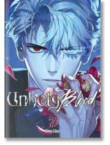 Блед, синеок герой с хетерохроматични очи държи червени цветя, чиито листенца се носят наблизо. Корицата на Unholy Blood, Vol. 7 загатва за свръхестествена романтика и включва Ваел от вампирската манга на Лина Лим.