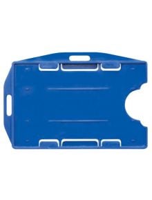 Универсален бадж панел Spree, син, е син PVC държач с прорези и изрезки за сигурно показване на карти, идеален за поставяне на пропуск, показан на бял фон.