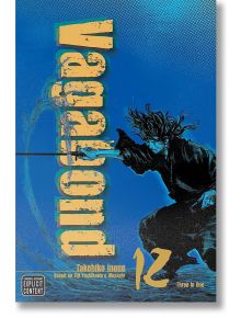 Корицата на Vagabond Vol. 12: включва динамична илюстрация на Миямото Мусаши в действие на син фон, със стилизирано заглавие в жълто и номер 12 от прочутата самурайска манга на Такехико Иноуе.