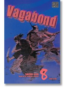 На корицата на Vagabond Vol. 8 са изобразени двама самураи с извадени мечове на лилав фон. Поредицата проследява историята на Миямото Мусаши, а заглавието "Vagabond" е изписано с големи, дръзки червени букви в горната част.