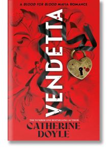 Червената корица на книгата е с удебелен бял текст "Vendetta", златен катинар във формата на сърце, черна панделка и името на авторката Катрин Дойл в долната част с подзаглавие: Кръв за кръв YA мафиотски романс.