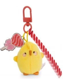 Плюшена висулка Nici Molang - Пиле Piu Piu, 4 см - меко жълто ключодържателче с оранжев клипс, червено-бяло рае и етикет с розов близалка. Перфектен аксесоар за чанта и фенове на Molang.