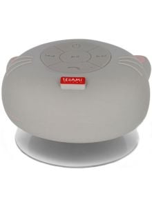 Водоустойчива тонколона Legami - Kitty: лека, кръгла безжична Bluetooth тонколона със светлосива визия, котешки ушички, бутони за управление отгоре и вендуза за закрепване – идеална за баня.