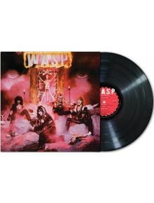 A W.A.S.P. - W.A.S.P. (VINYL), частично изваден от калъфа, показва групата сред скали с огън, дим и пламтящо лого на WASP над разпятие със скелет - поразителна обложка за техния ремастериран дебютен албум.