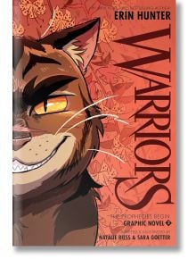 Корица на книгата Warriors Graphic Novel: 3 от Ерин Хънтър, на която е изобразена свирепа кафява котка с жълти очи на червен фон; идеална за феновете на поредицата "Котките воини".