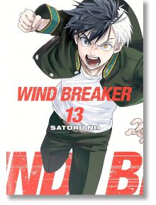 Герой в аниме стил с черно-бяла коса в зелено яке крещи енергично, протягайки ръка напред. "Wind Breaker, Vol. 13" е изписан в червено и бяло - идеален за феновете, които търсят динамично изкуство, вдъхновено от Токио, на бял фон.