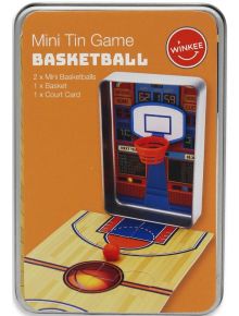 Winkee Мини игра - Баскетбол: Прямоугольная металлическая коробка с мини-игрой в баскетбол, включва маленькое кольцо, табло, изображение корта и две мини-баскетбольные мячи на крышке. Бренд Winkee, описание на съдържанието на упаковке.