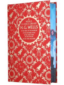 Библиотека на световната класика: Уелс" е с червена твърда корица със златни и бели мотиви, идеална за колекционери или почитатели на класическите научнофантастични романи.