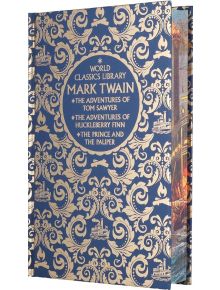 Библиотека на световната класика: Марк Твен е синьо-златиста, богато украсена книга с твърди корици, включваща класически романи, сред които "Приключенията на Том Сойер", "Приключенията на Хъкълбери Фин" и "Принцът и беднякът".