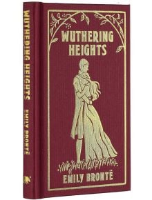 Книгата с твърди корици "Вълшебните височини" (Arcturus Ornate Classics) от Емили Бронте е със златна илюстрация на мъж и жена, прегърнати под дъговиден цветен бордюр, със заглавие и името на авторката в златно.