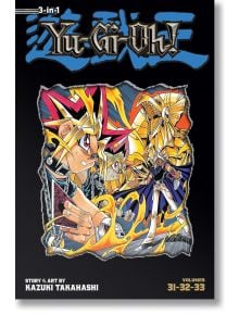 Корицата на Yu-Gi-Oh (издание 3 в 1), том 11, показва Юги, изправен срещу Крилатия дракон на Ра в интензивна битка на дуел с чудовища, подчертана от смели цветове и динамични екшън линии.