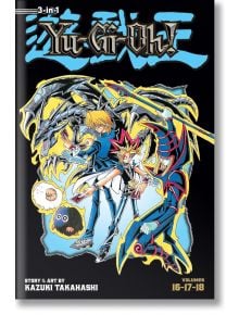 Трима аниме герои стоят с карти за търговия и пъзела на хилядолетието, заобиколени от чудовища като син дракон, на корицата на Yu-Gi-Oh! (издание 3 в 1), том 6 от Казуки Такахаши.