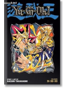 Корицата на Yu-Gi-Oh (издание 3 в 1), том 11, показва Юги, изправен срещу Крилатия дракон на Ра в интензивна битка на дуел с чудовища, подчертана от смели цветове и динамични екшън линии.