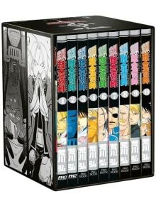 Железният алхимик (том 1 - 10) + специален кейс: комплект от 10 тома манга на Хирому Аракава с цветни корици и герои, събран в колекционерски кейс с впечатляваща монохромна илюстрация.