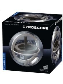 Играчка в кутия Жироскоп Thames & Kosmos с етикети "Gyroscope" и "Essential STEM Gear", като научният инструмент се вижда през прозрачно прозорче. Опаковката я описва като класическо научно устройство с допълнителни експерименти за деца.