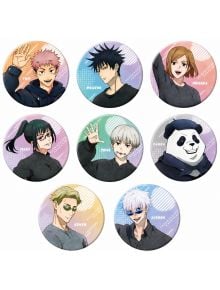Осем герои от Jujutsu Kaisen, включително Itadori и Fushiguro, се появяват в кръгли рамки на пастелен фон в Значка Jujutsu Kaisen Can Badge Collection Emo Deco Ver. 2, асортимент - идеален избор за всеки фен на анимето.