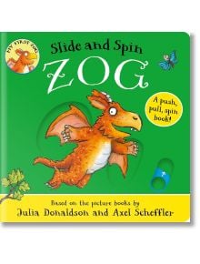 Корицата на книгата за настолни компютри "Зог - плъзгай се и се върти" показва илюстриран оранжев дракон с крила на зелен фон. Създадена от Джулия Доналдсън, тя включва интерактивни елементи за бутане, дърпане и въртене за децата.